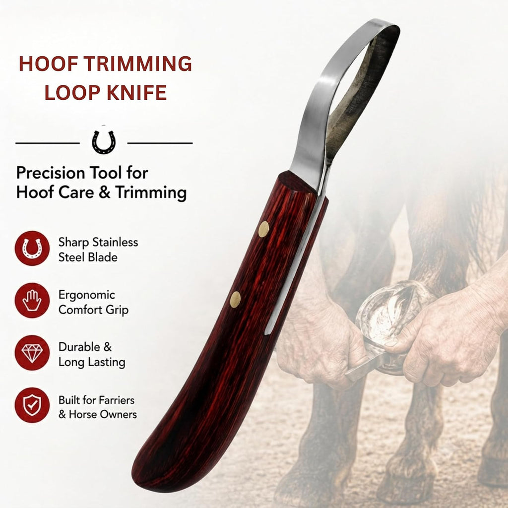 Hoof Trimming Loop Knife – Double-Edged J2 Stainless Steel Blade, Ergonomic Handle, Ambidextrous for Right & Left Hand, Farrier Tool for Horse & Cow Hoof Care