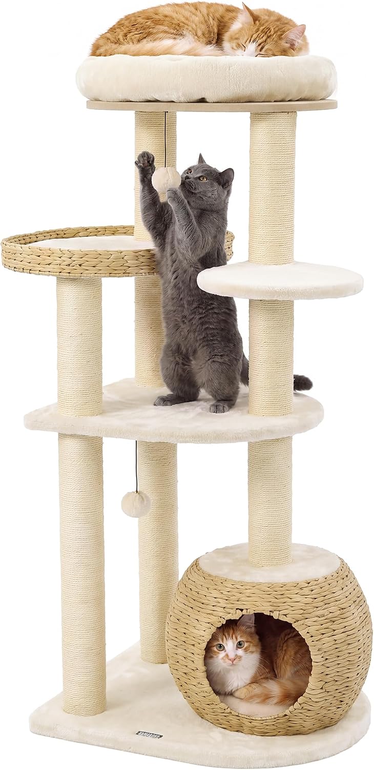 44.8in Modern Cat Tree, White Cat Condo Cats Tower with Cozy Bed & Sisal Scratching Posts, Scratching Ramp and Comfort Basket for Indoor Cats