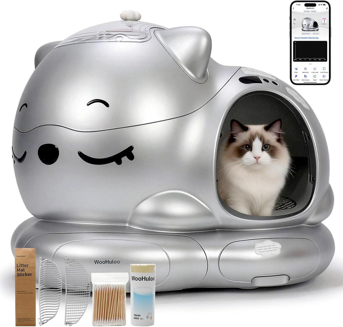 Automatic Cat Litter Box, Semi-Open Large Capacity with Triple Odor Removal System, App Control and Health Monitor, Safety Sensor, Cute Self Cleaning Litter Box for Multiple Cats