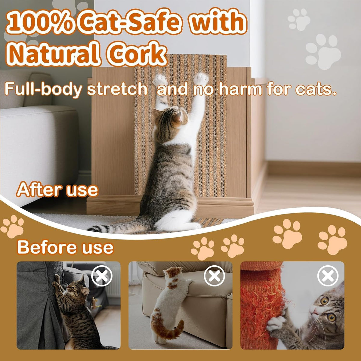 Natural Cork Cat Scratcher Boards for Wall & Floor - Adjustable Height for All Cats, Furniture Protector3-Pack
