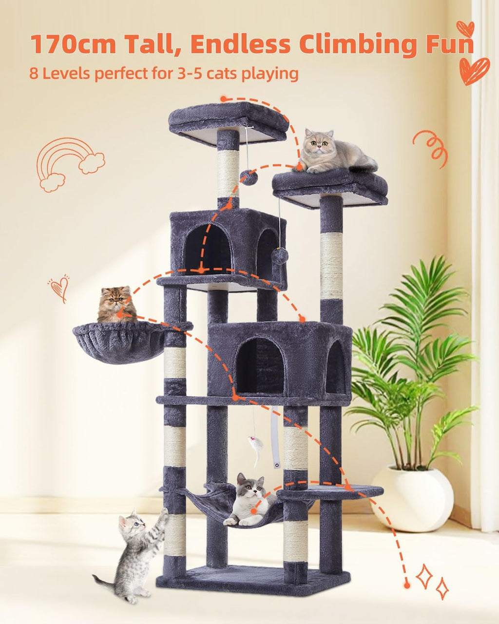Taoqimiao Cat Tree, 67 in Tall Cat Tower with 2 Plush Cat Condos