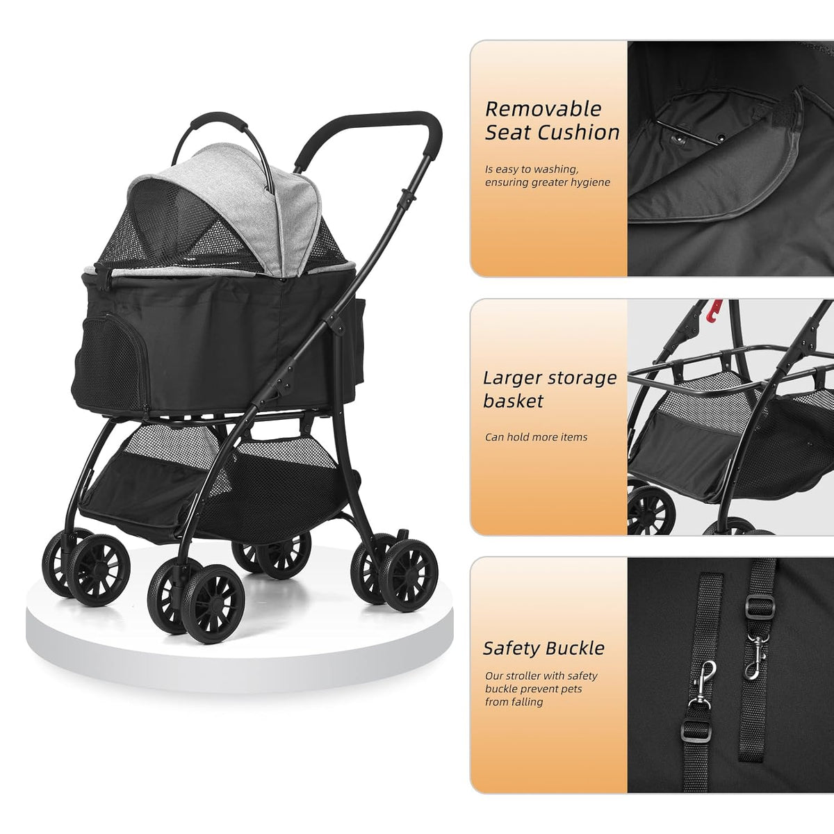 Dog and Cat Stroller with Detachable Carrier, 4-Wheel, Car Seat (Grey)