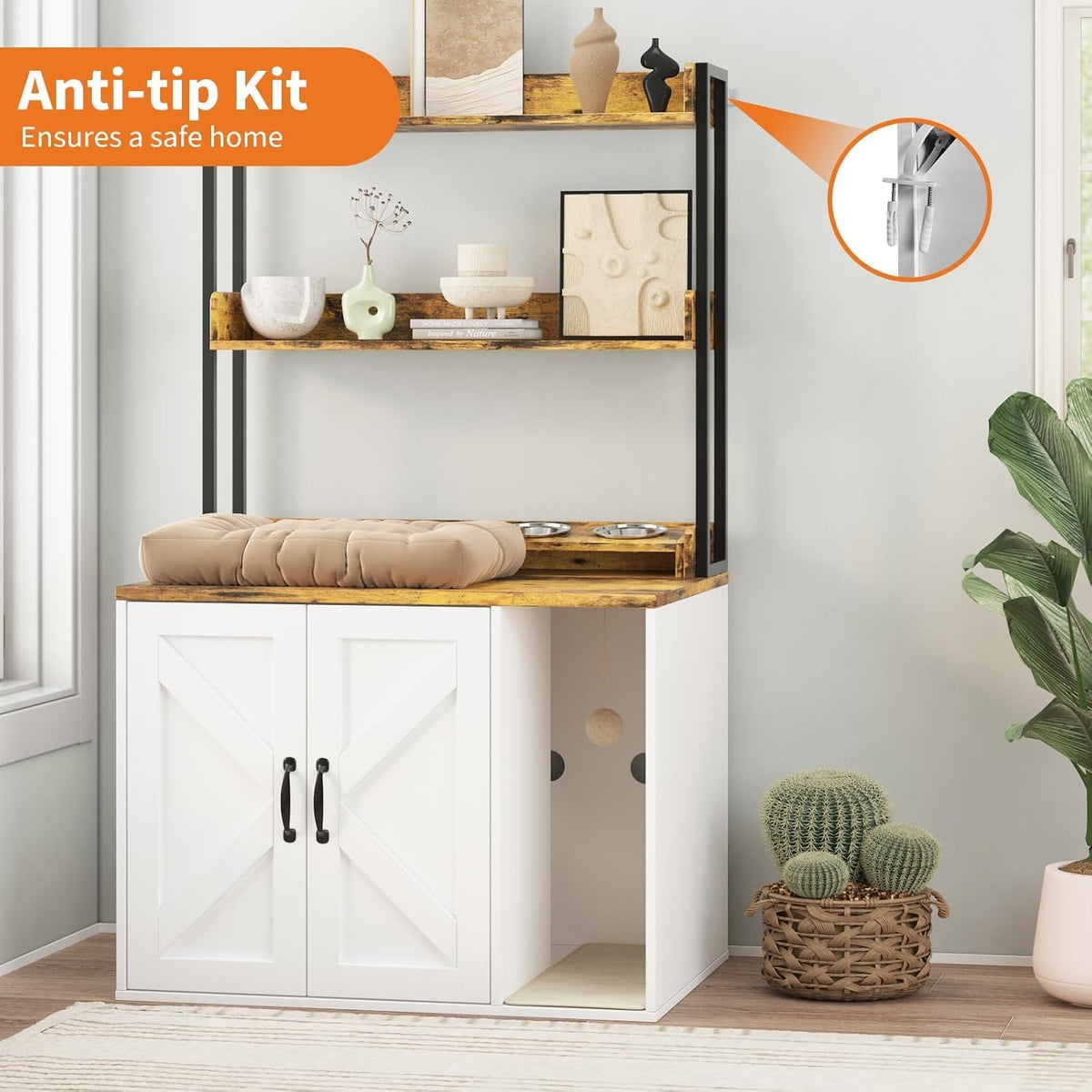 55" H Large Cat Litter Box Enclosure Cabinet with Storage Shelves