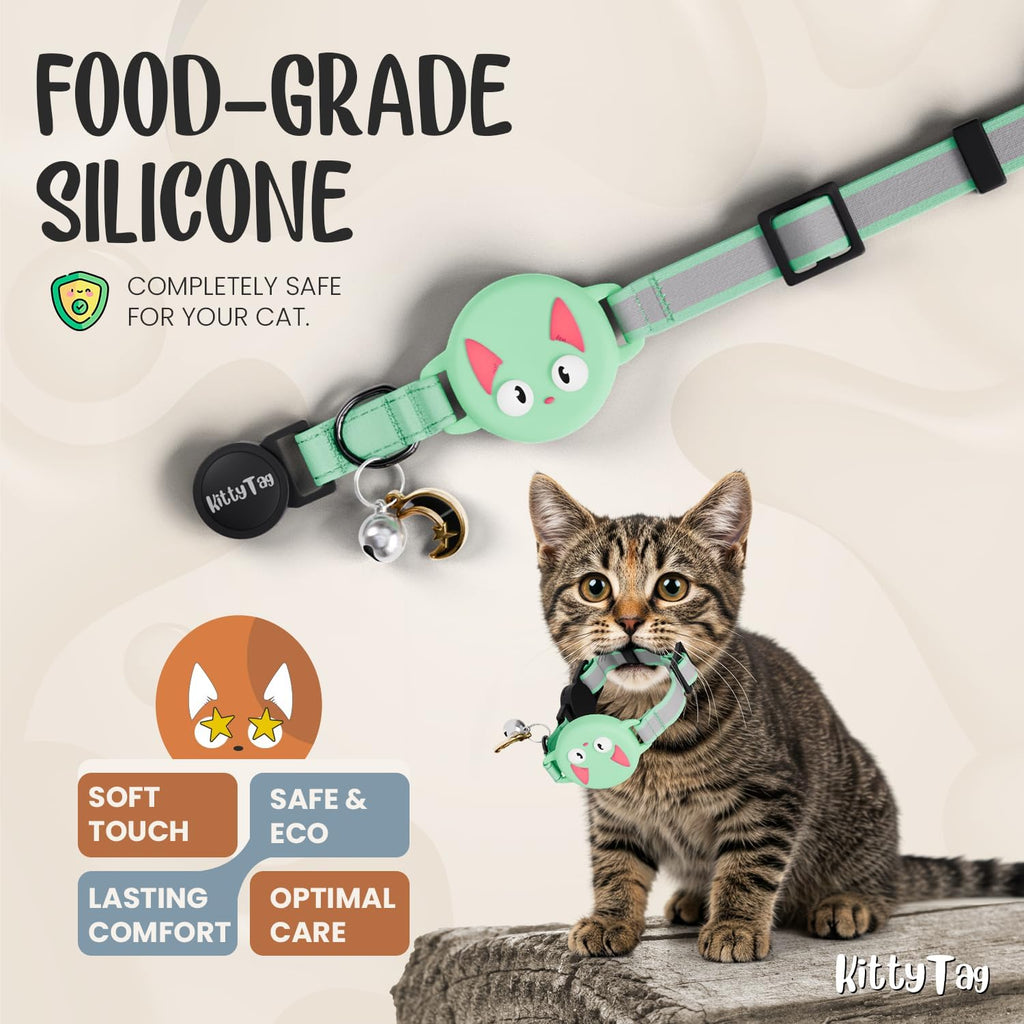 Cat Collar with AirTag Holder, Compatible with Apple AirTag 1st & 2nd Gen – Breakaway, Reflective & Glow in the Dark, Waterproof, with Bell, Adjustable 9-12" Kitten Collar – Green Mint
