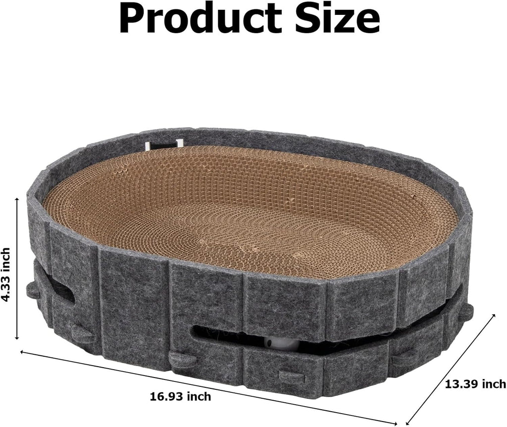 Interactive Cat Scratcher Lounge Bed Heavy Duty Corrugated Cardboard Cat Scratching Pad Bowl with Built-in Track & 2 Bell Balls for Indoor Cats Claw Care and Rest Cat Scratching Bowl, Grey