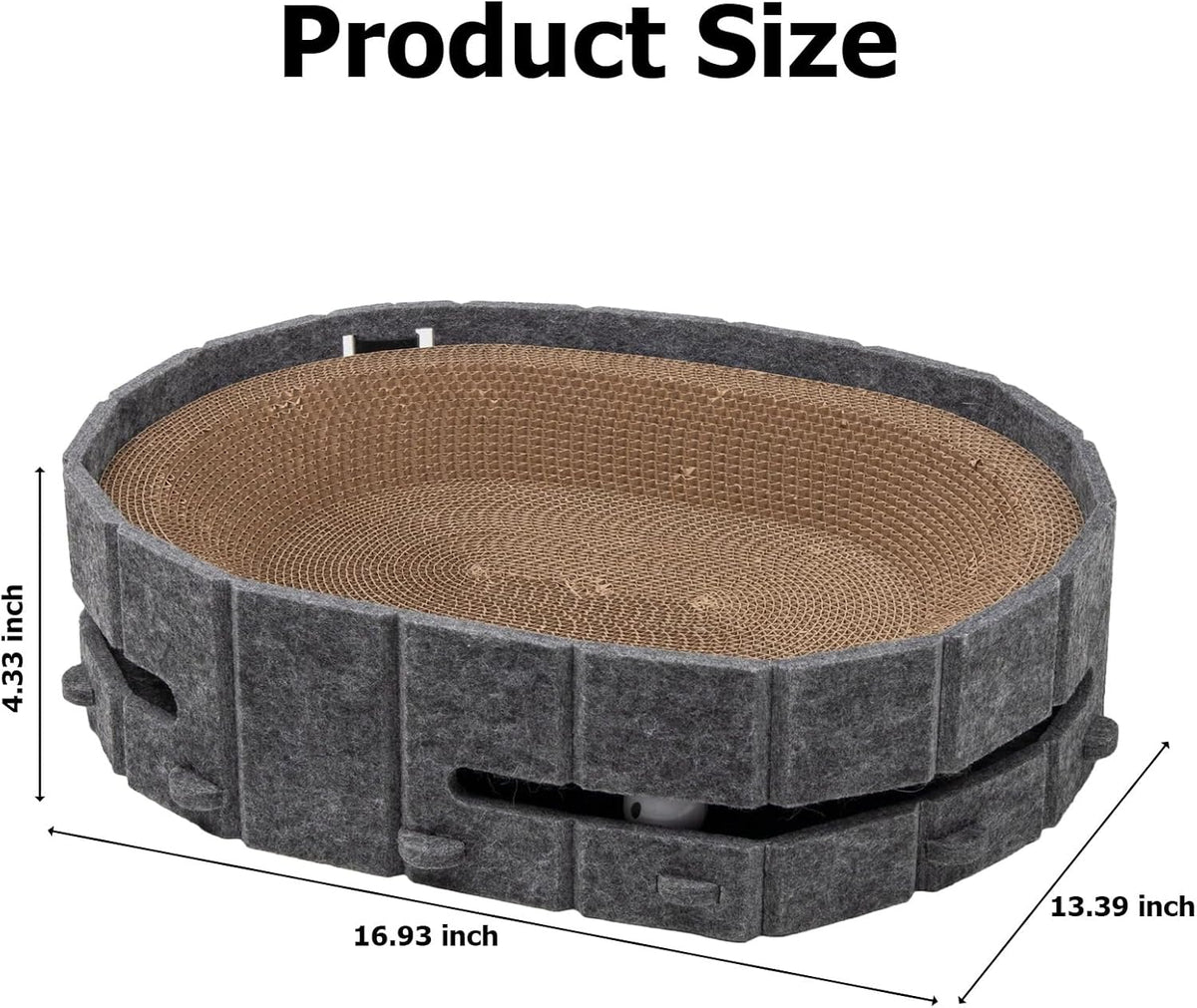 Interactive Cat Scratcher Lounge Bed Heavy Duty Corrugated Cardboard Cat Scratching Pad Bowl with Built-in Track & 2 Bell Balls for Indoor Cats Claw Care and Rest Cat Scratching Bowl, Grey
