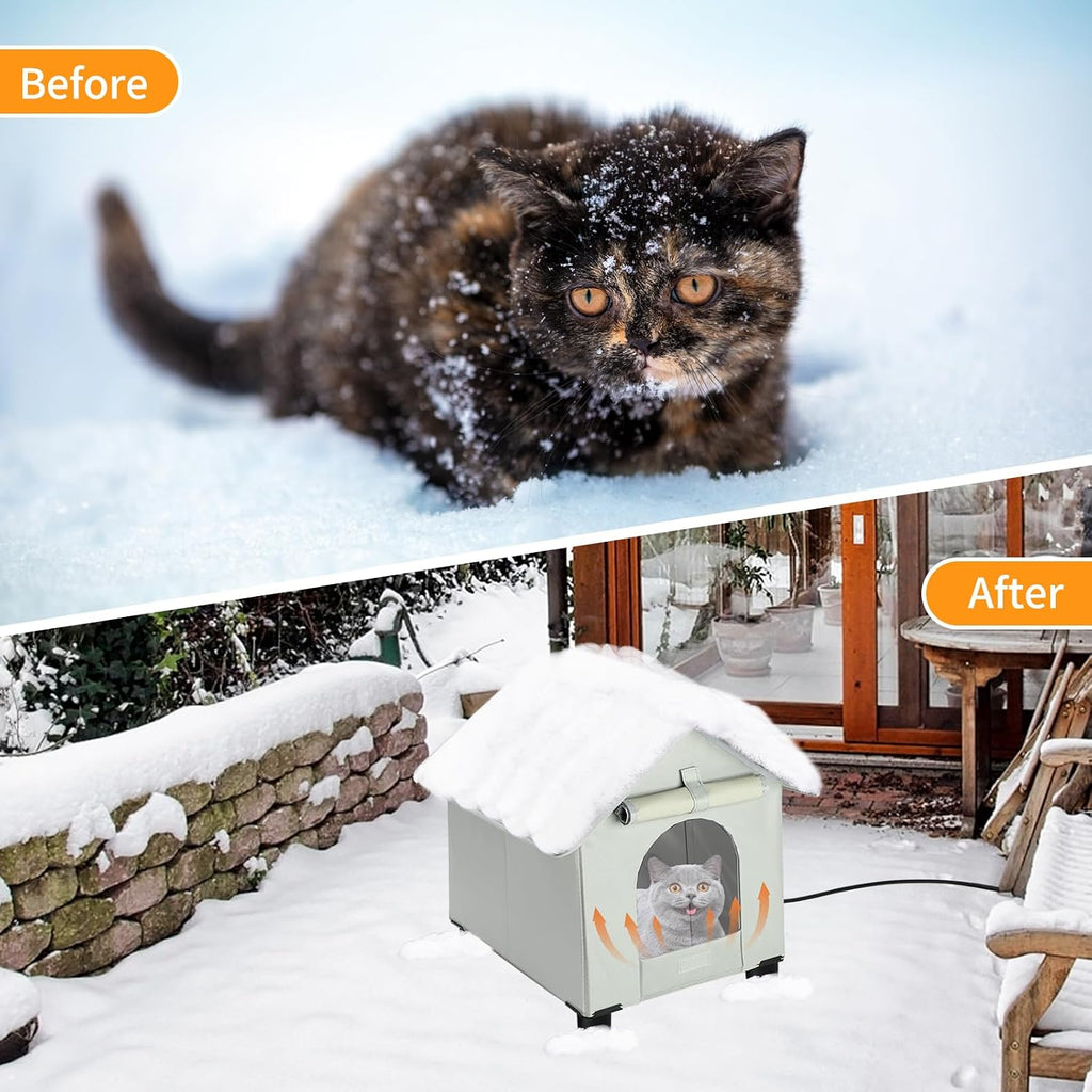 Heated Cat Houses in Winter Waterproof, Elevated Heated Outdoor Cat House Insulated Outside Feral Cat House Shelter with Escape Door for Cats or Small Dogs (Grey, Small (13.4"x16.9"x18.5"))