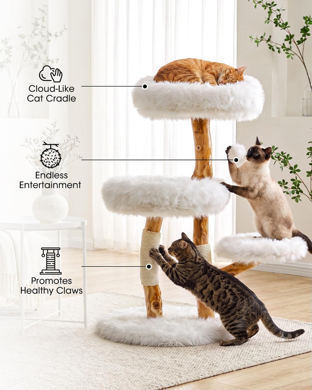 Solid Wood Cat Tree, Boho Modern Cat Tree Tower with Pear Branch