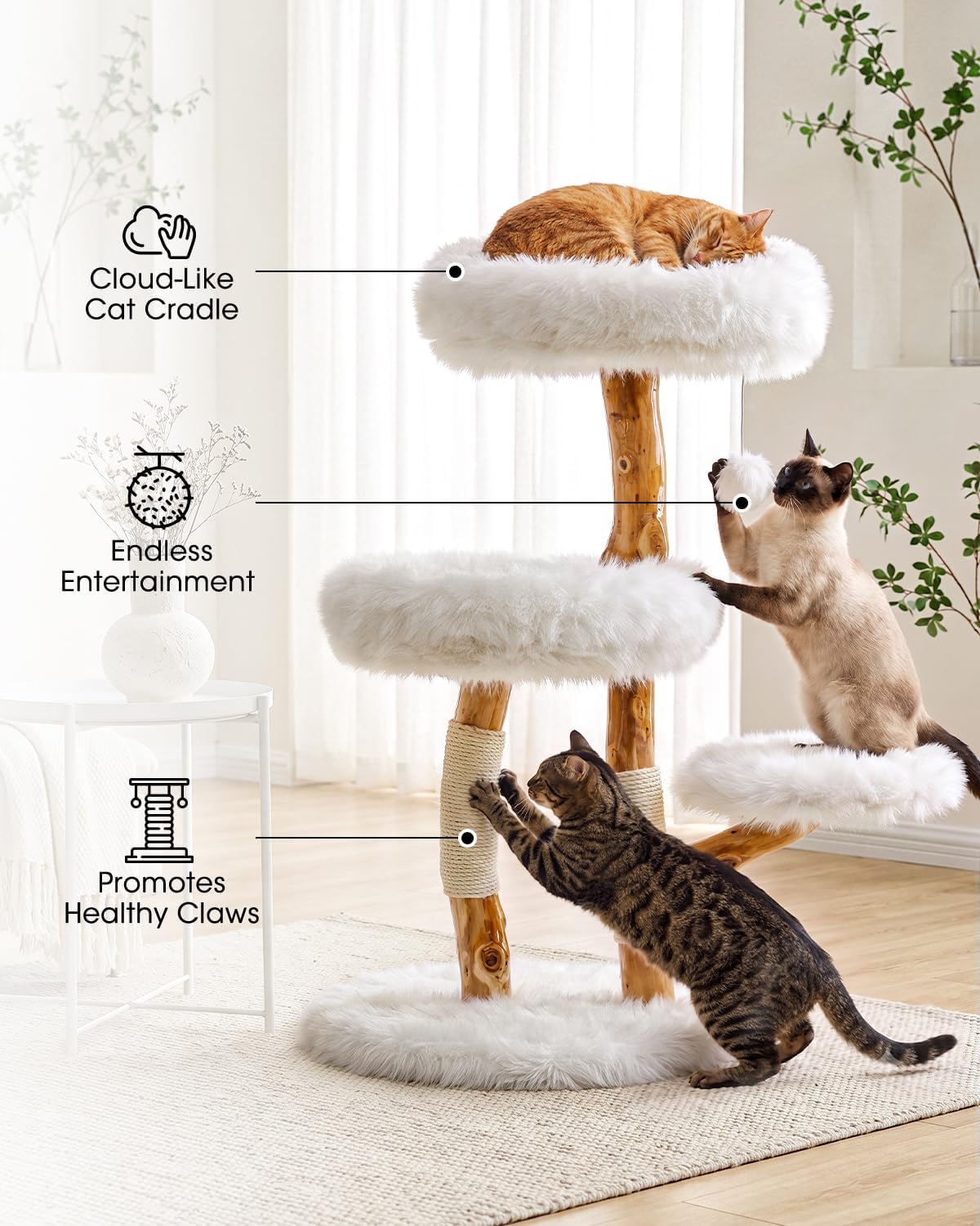 Solid Wood Cat Tree, Boho Modern Cat Tree Tower with Pear Branch