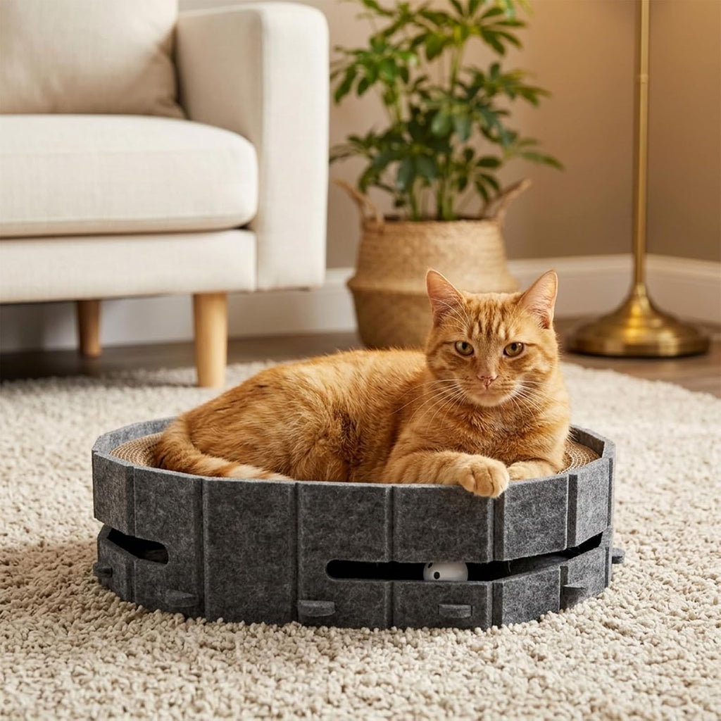 Interactive Cat Scratcher Lounge Bed Heavy Duty Corrugated Cardboard Cat Scratching Pad Bowl with Built-in Track & 2 Bell Balls for Indoor Cats Claw Care and Rest Cat Scratching Bowl, Grey