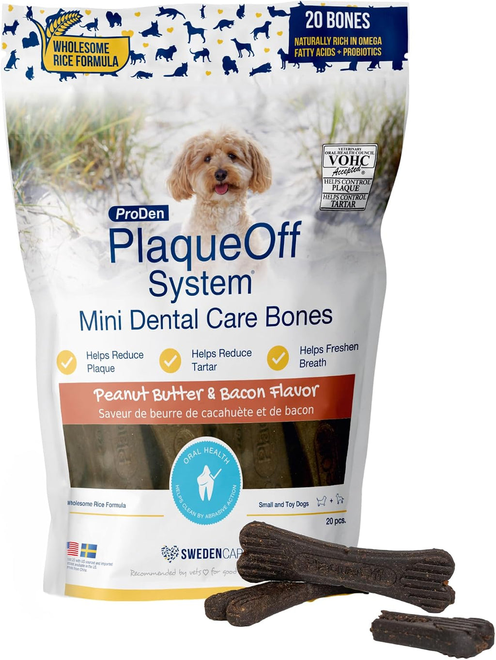 ProDen PlaqueOff Mini Dental Bones for Dogs - Peanut Butter & Bacon (12oz)