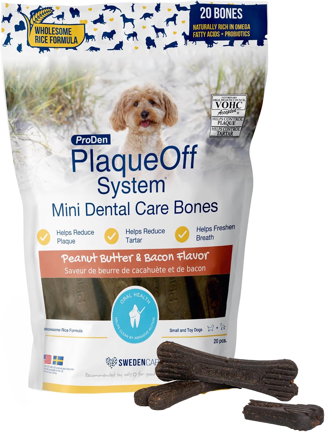 ProDen PlaqueOff Mini Dental Bones for Dogs - Peanut Butter & Bacon (12oz)