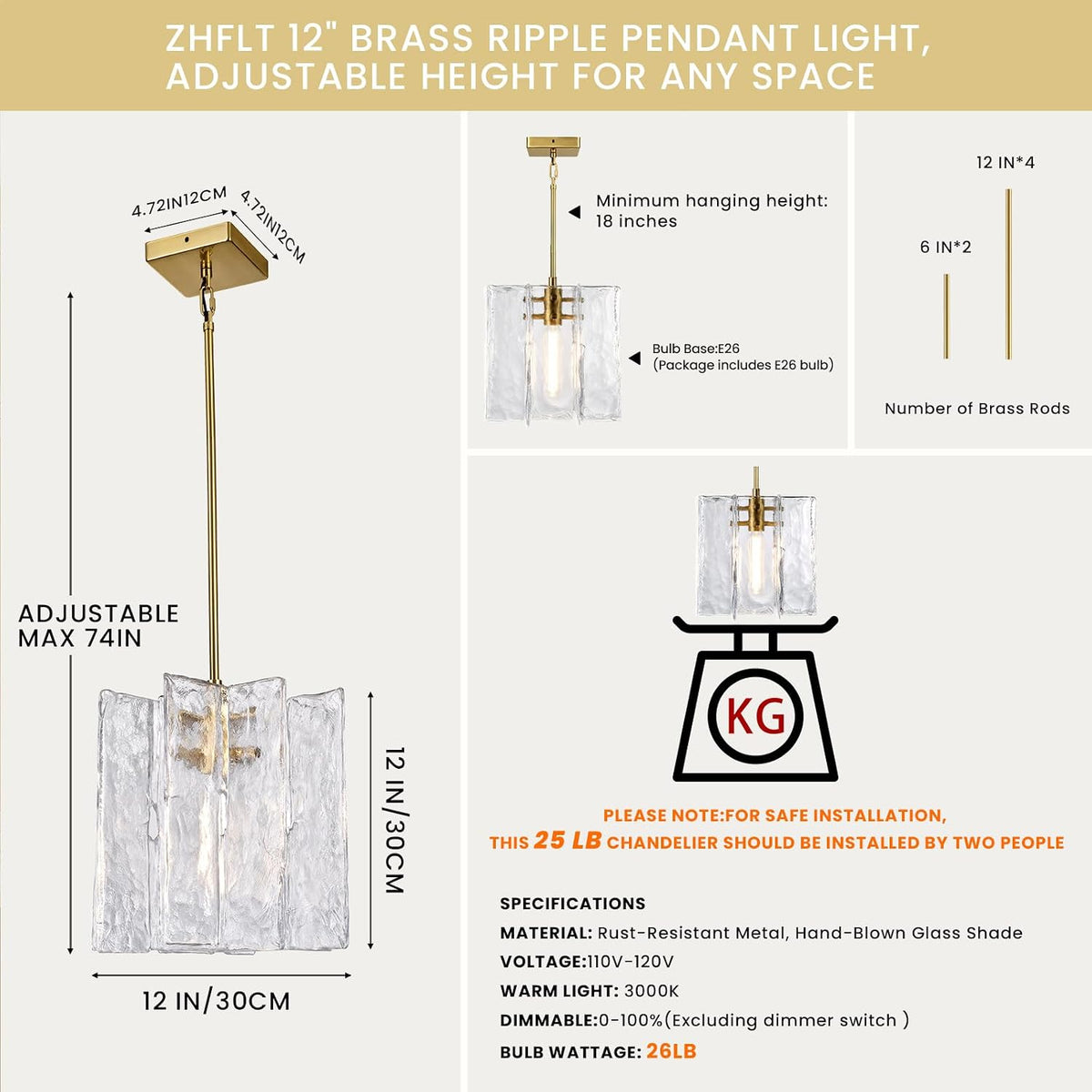 Modern Large Brass Water Ripple Glass Kitchen Pendant Light Fixtures, Gold 12 in Island Pendant Lights,Hanging Island Lights,for Bedroom, Foyer, Entryway,Dining, Bulbs Included