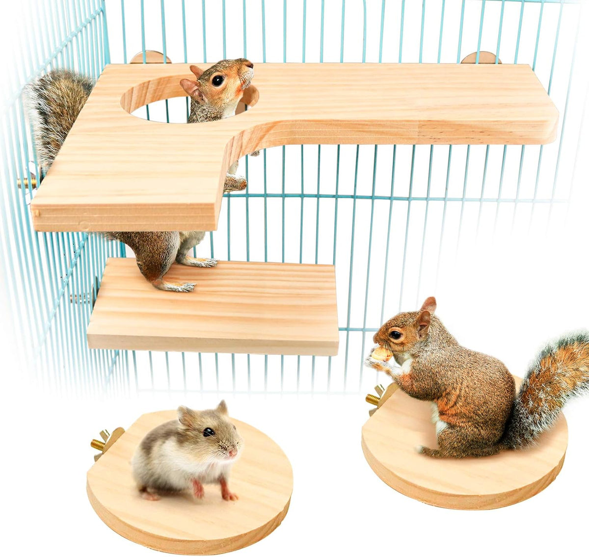 Roundler Squirrel Gerbil Chinchilla and Dwarf Hamster L-shaped Round Hole Wooden Platform, Birds Parrots Activity Playground (style-1)