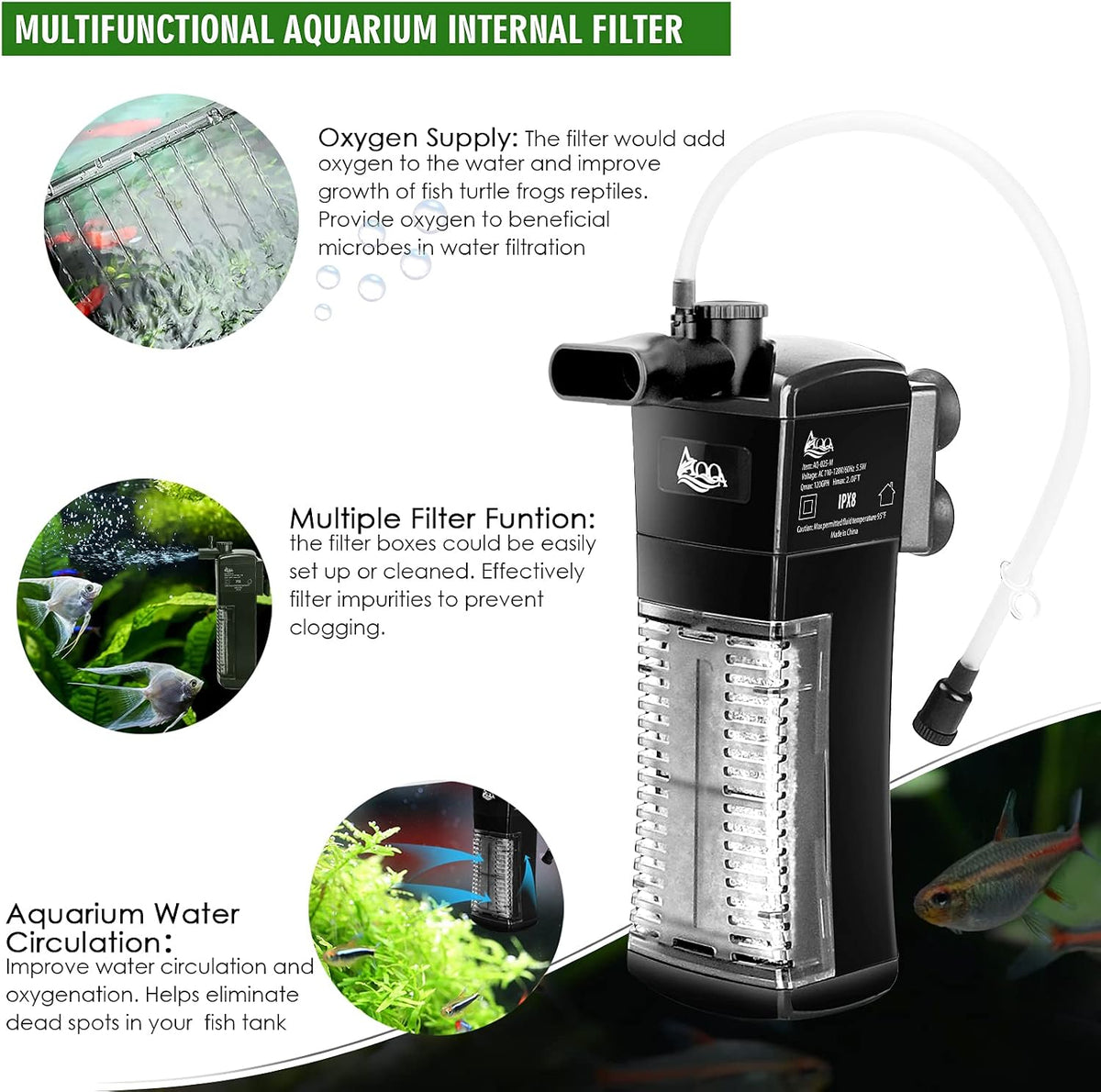 AQQA Aquarium Internal Filter Submersible Power Filter in-Tank with Adjustable Water Flow, Ultra Silent Sponge Filter for Fish Tank Water Crystal Clear