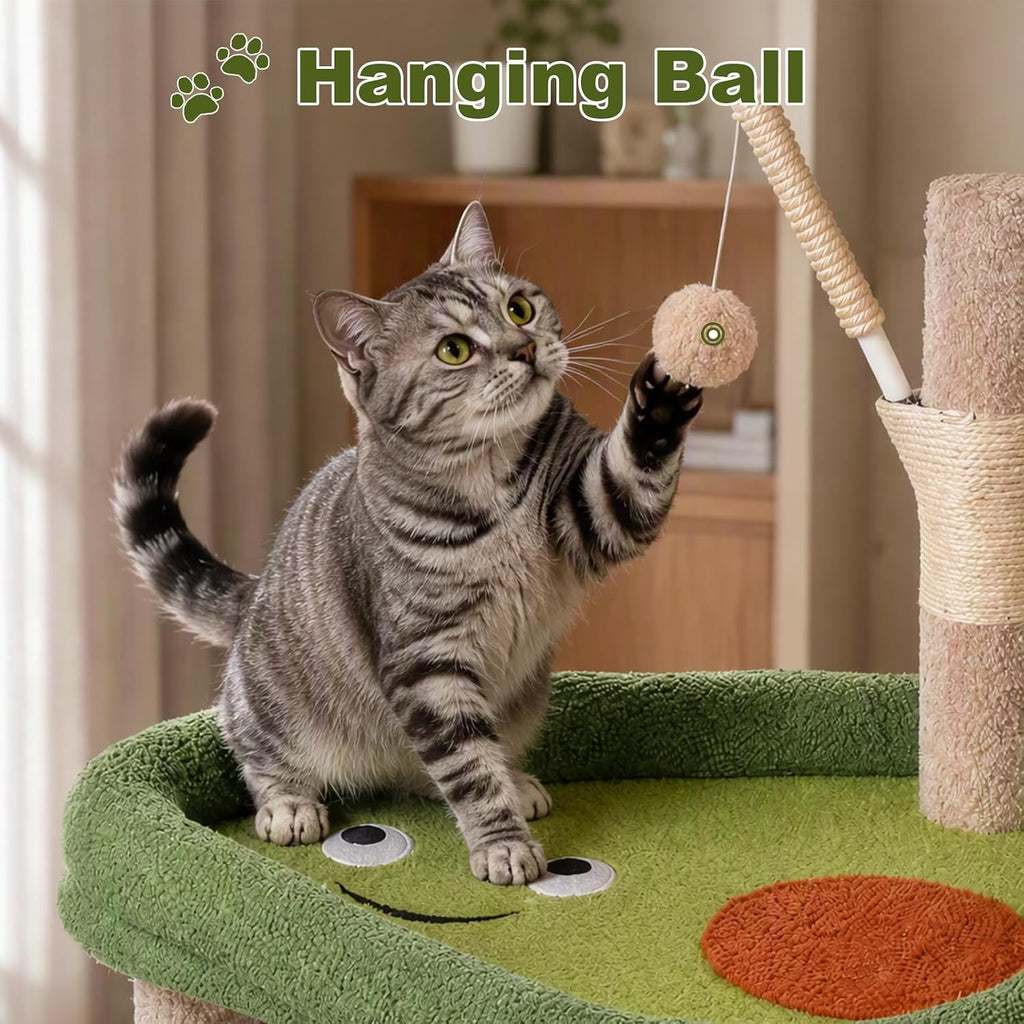 Small Cat Tree, 28" Cat Tower for Window Viewing, Beige and Green