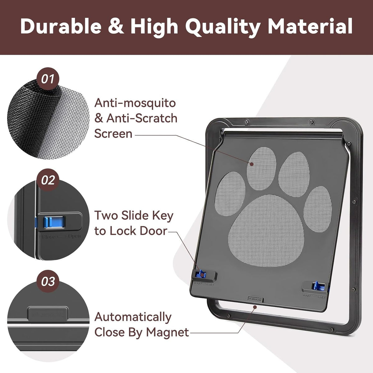 Cat Door for Screen Door with Magnetic Auto-Close, Dual Lockable Tabs Doggy Screen Door, Pet Easy Access for Sliding Screen Door & Window