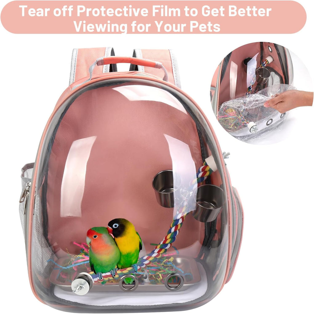 Bird Backpack Carrier, Travel Bird Cage for Small Medium Size Parrot Parakeet Budgies Cockatiel, Portable Clear Bubble Window Bag with Stainless Steel Tray Food Bowl Standing Perch (Pink)