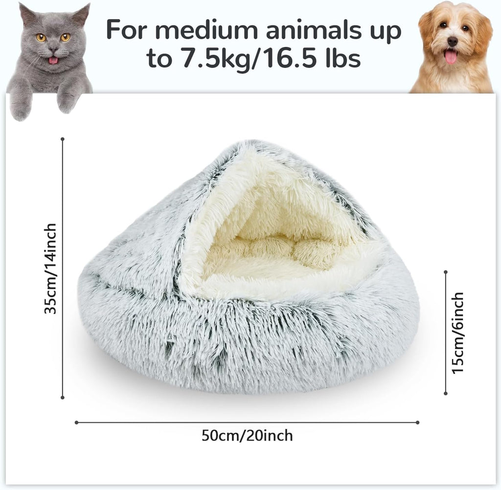 Round Cat Bed Washable, Calming Fluffy Cat Cave, 20 Inch, Grey