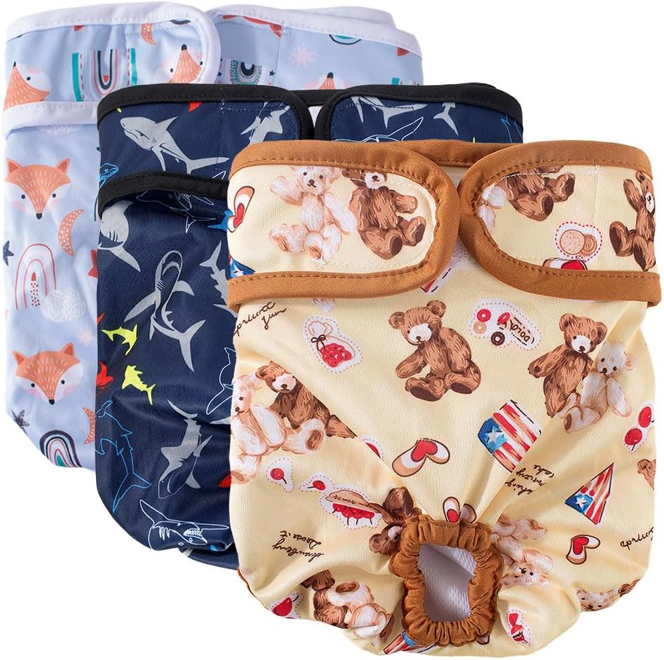 Washable Reusable Dog Diapers Female(3 Pack), Highly Absorbent and Breathable Dog Wraps, Puppy Dog Diapers Female S Fox, Shark, Bear