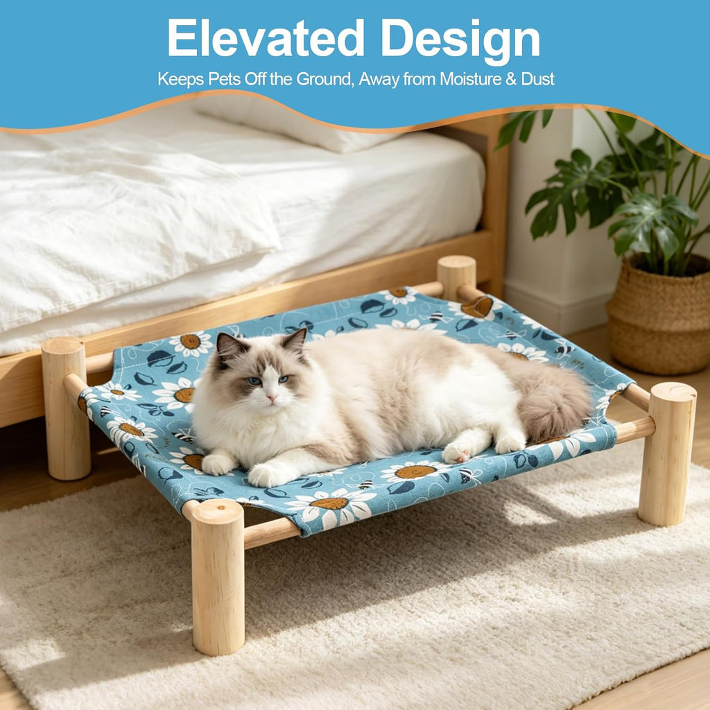 Bedside Cat Bed, Elevated Cat Bed with Double-Sided Mat, Breathable Mesh Wooden Frame, Detachable Washable Portable Bed for Small Dogs & Cats