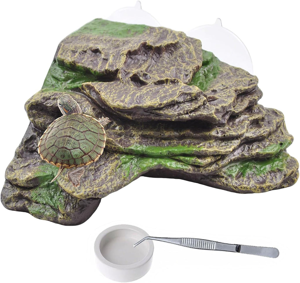PINVNBY Resin Turtle Basking Platform with 2 Pcs Suction Cups,Floating Dock for Turtles,Tortoise Climbing Ramp Shale - Ideal for Aquatic Turtles,Stable & Durable,Easy to Install(Green Brown L)