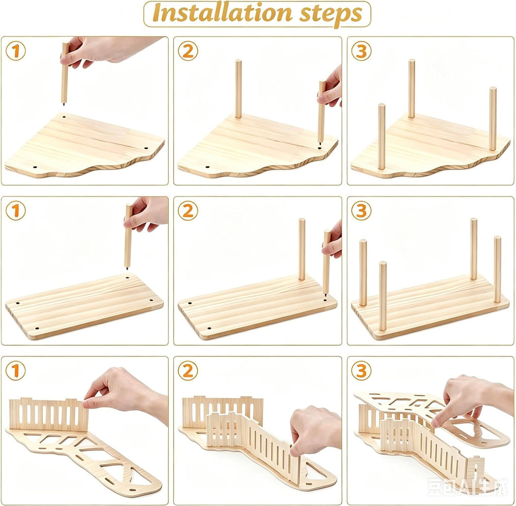 3-Piece Hamster Wooden Platform Play Set with Ladder Tunnel, Natural Wood Hamster Cage Accessories, Small Animal Climbing Stand Hideout for Dwarf Syrian Hamsters Gerbils Mice Rats