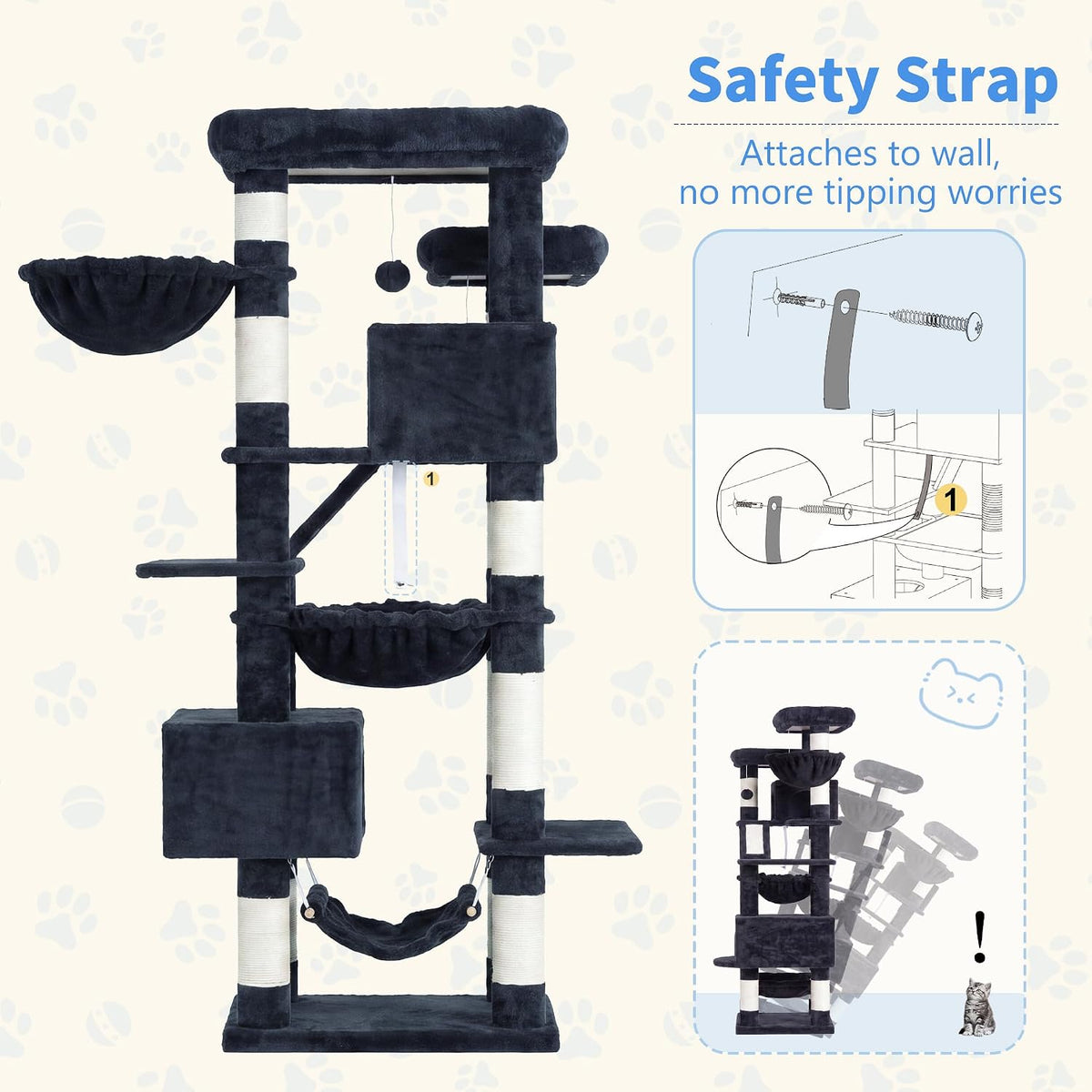 Heybly Cat Tree, 71-Inch-Tall Tower for Indoor Cats with 2 Perches HCT034G