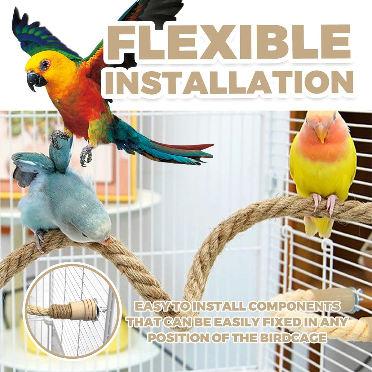 Bird Rope Perches Jute Rope,Bendable Parrot Bird Perch Rope Stand for Cage,Stand Climbing Stand Toy for Cockatiels, Lovebirds, Budgies,Parakeets(59")