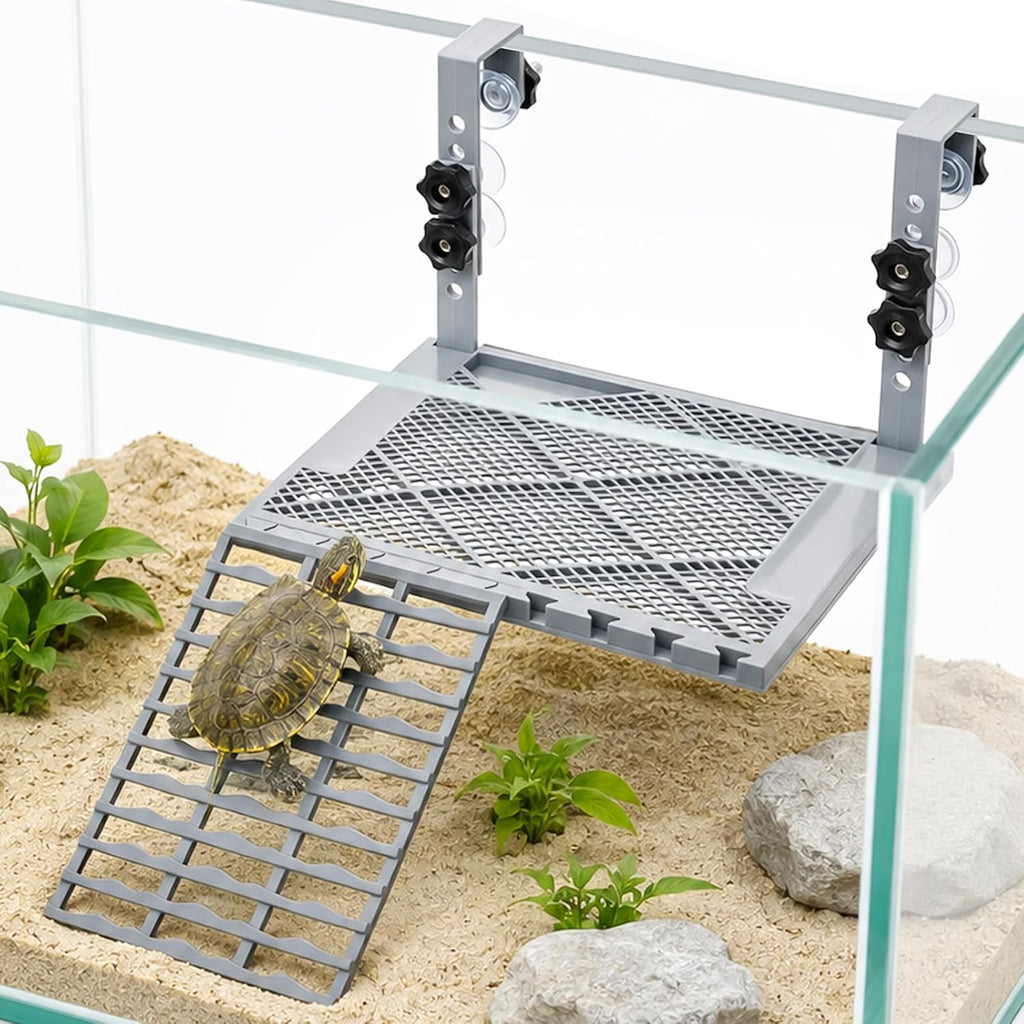 Hanging Turtle Basking Platform with Food Tray, Non-Slip Ramp