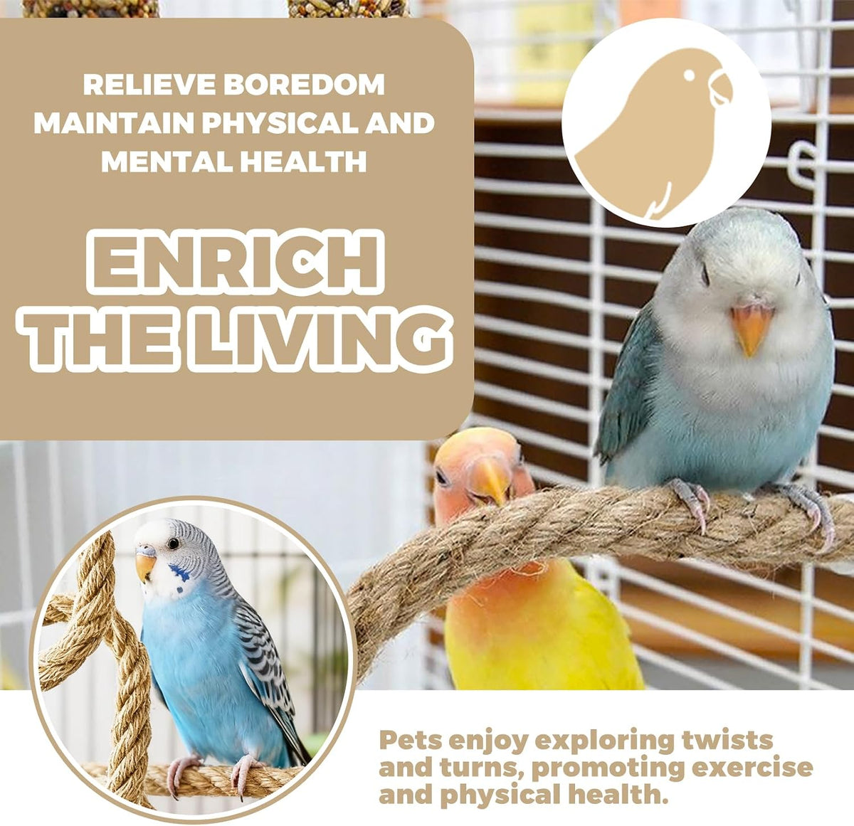 Bird Rope Perches Jute Rope,Bendable Parrot Bird Perch Rope Stand for Cage,Stand Climbing Stand Toy for Cockatiels, Lovebirds, Budgies,Parakeets(59")