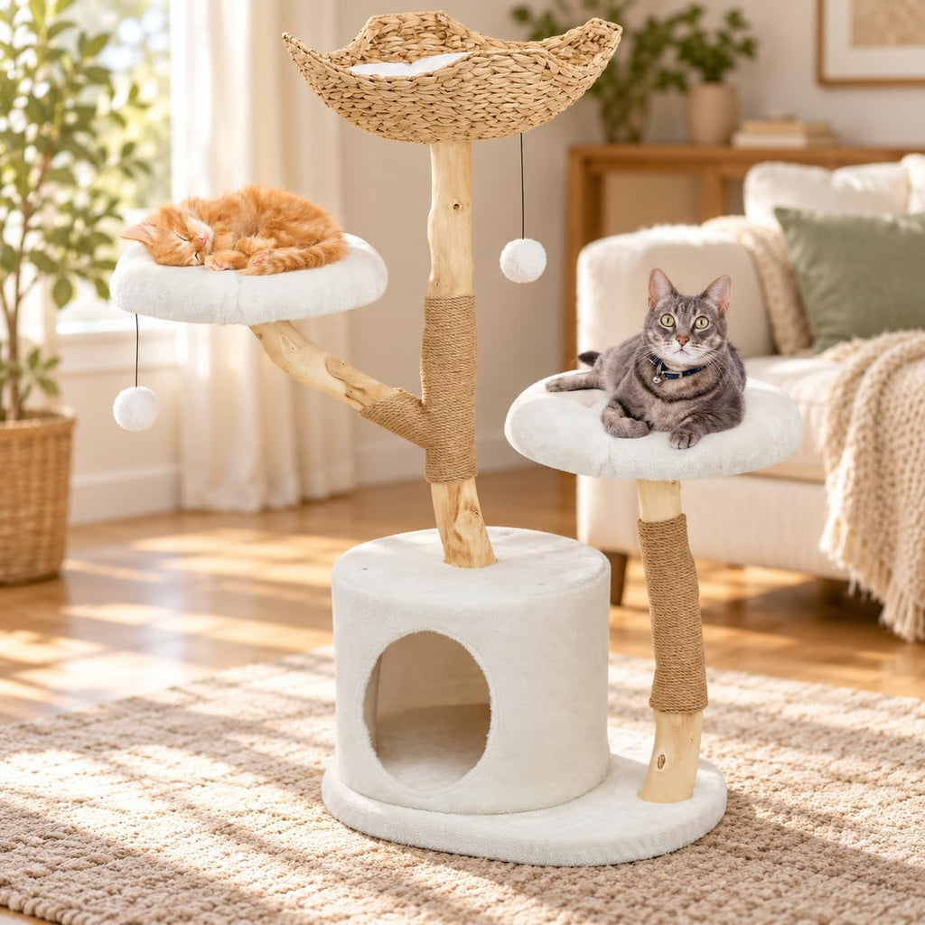 41“ Solid Wood Cat Tree Tower, Modern Cat Tree Aesthetic Multi-Level Flower Perches, Scratching Post, Luxury Boho Cat Furniture Condo & Wicker Basket for Indoor Cats
