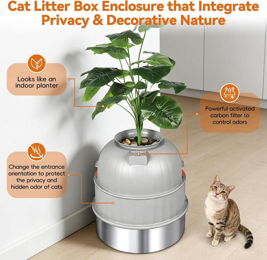 Hidden Plant Litter Box with Scoop, Stainless Steel Litter Box Plant, Grey