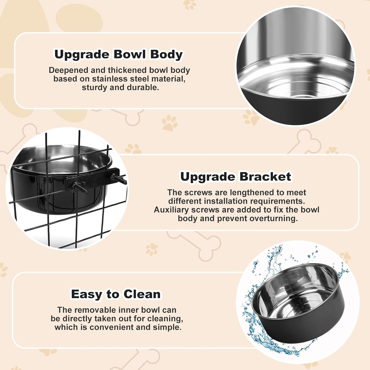 Crate Dog Bowls for Large Dogs, Removable Stainless Steel Dog Bowls for Food and Water, Pet Kennel Hanging Food Water Feeder Station for Medium/Large Pets, (7.1"x3.7" & 7.1"*2.6", Black)