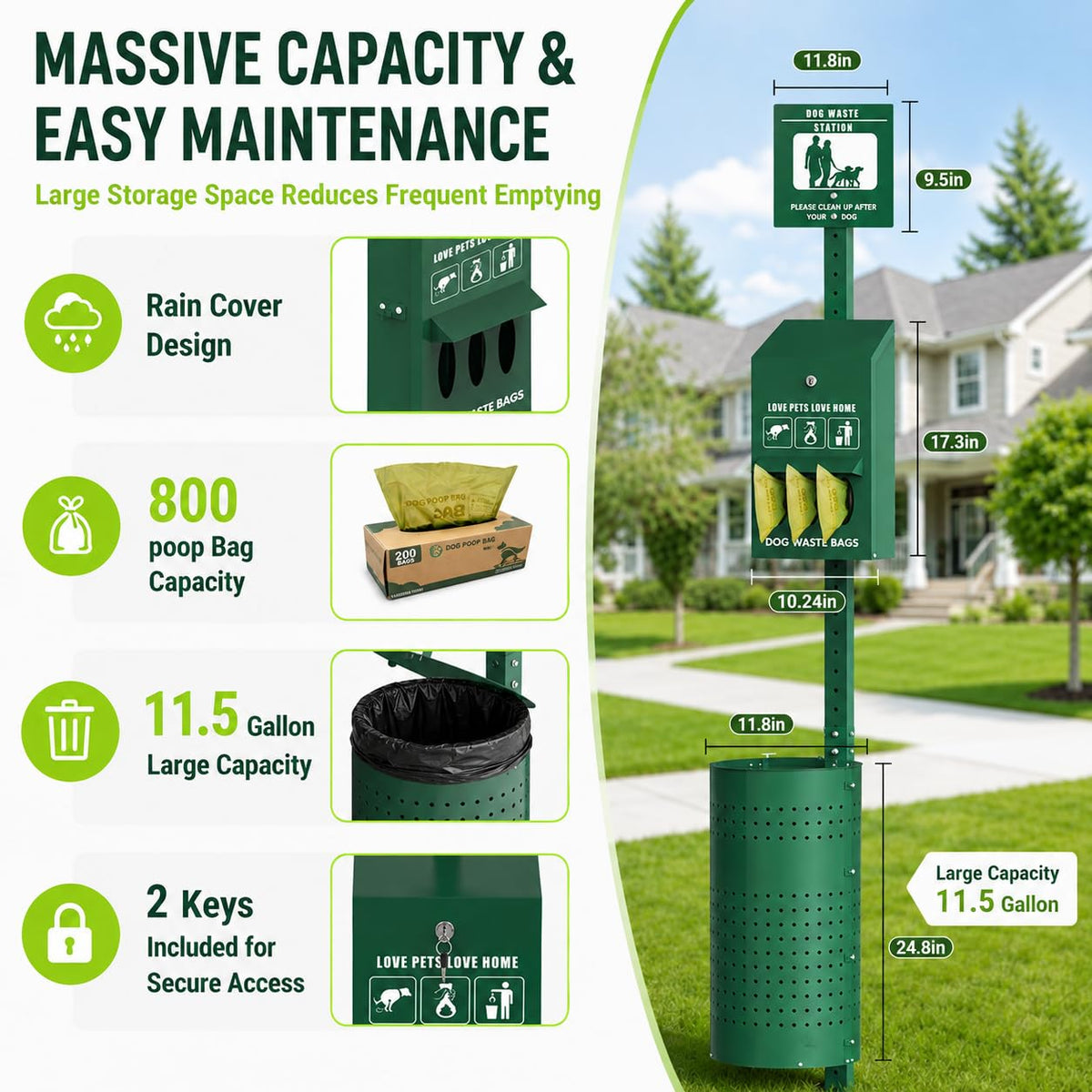 Dog Waste Station, 11.5 Gallon Pet Waste Station with Lockable Bag Dispenser – Heavy Duty Outdoor Dog Poop Station with Poop Bags & Can Liners for Parks, Apartments, Communities & Backyards