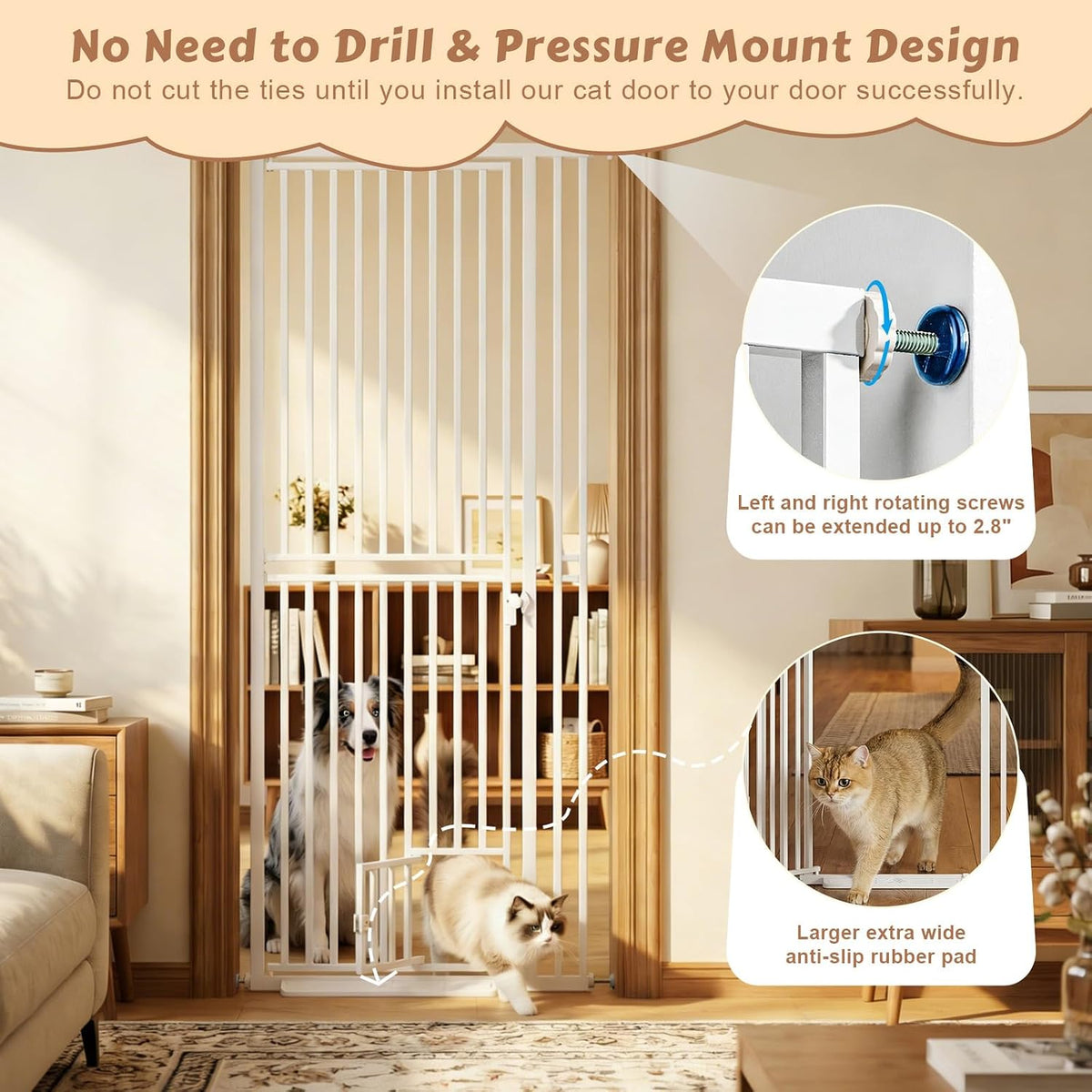 78.7" Extra Tall Pet Gate with Cat Door 27.5"-37.4" Wide Cat Gate