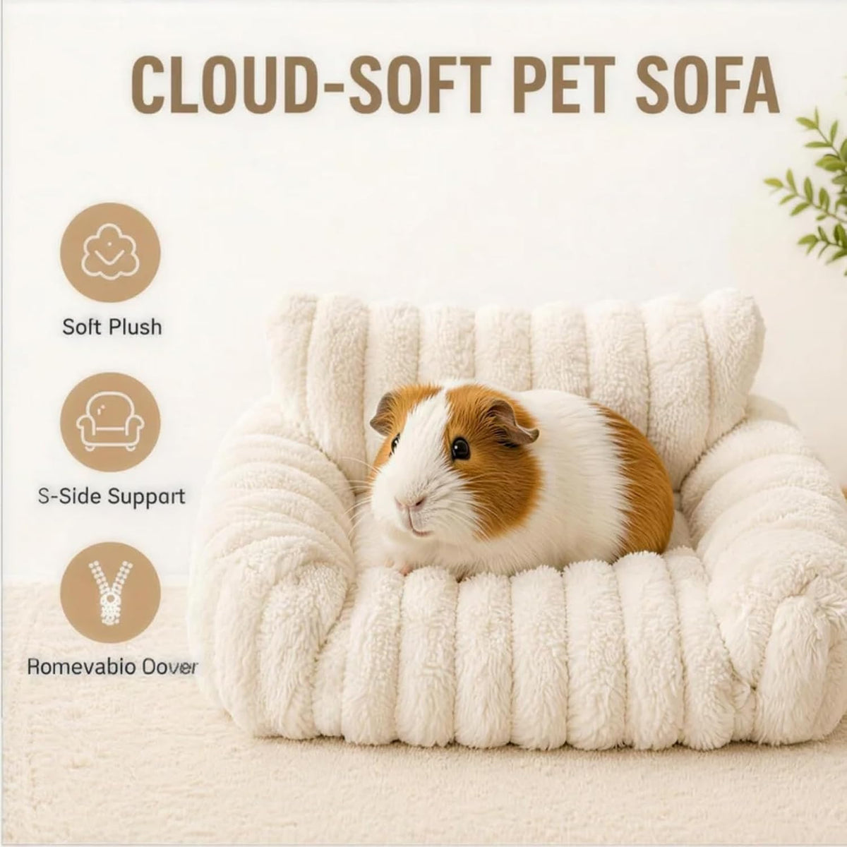 Ultra-Soft Plush White Guinea Pig Couch Bed, Cozy Small Pet Sofa with Padded Armrest & Backrest, Warm Guinea Pig Accessories for Hamster, Rabbit, Chinchilla, Hedgehog