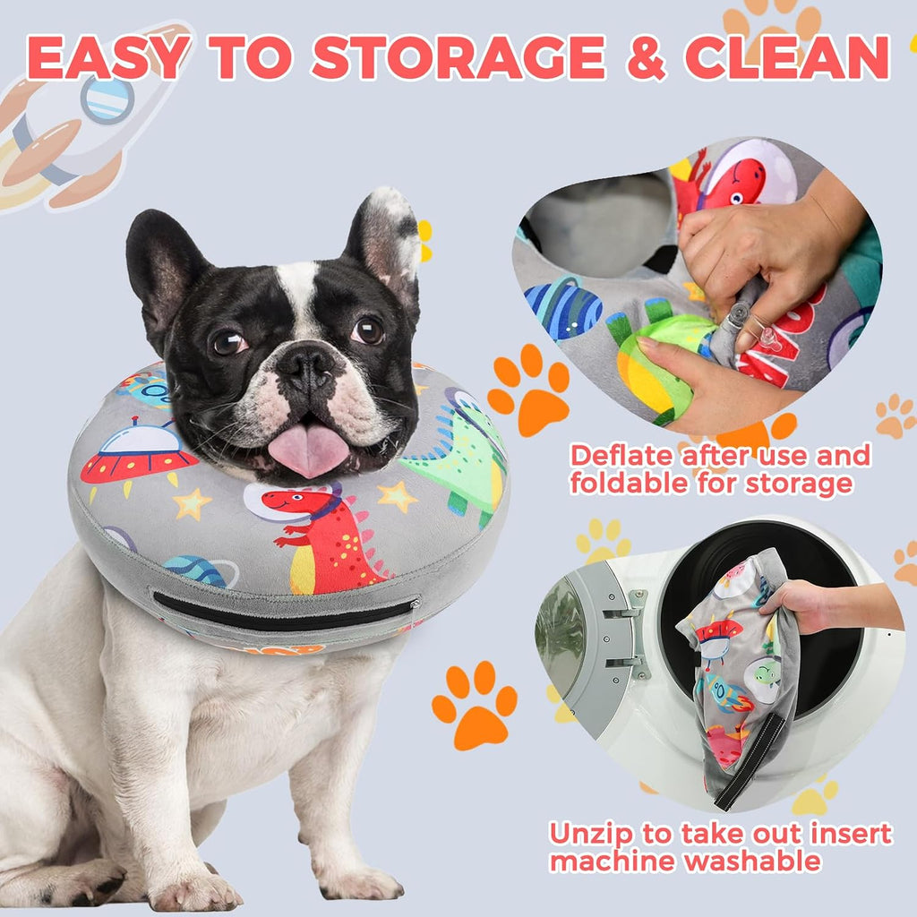 PAWCHIE Inflatable Dog Cone Collar Alternative, Soft Dog Cone for Medium to Large Dogs After Surgery, Adjustable Neck Recovery E-Collars Donut Collar with Cute Dinosaur Prints, Grey M