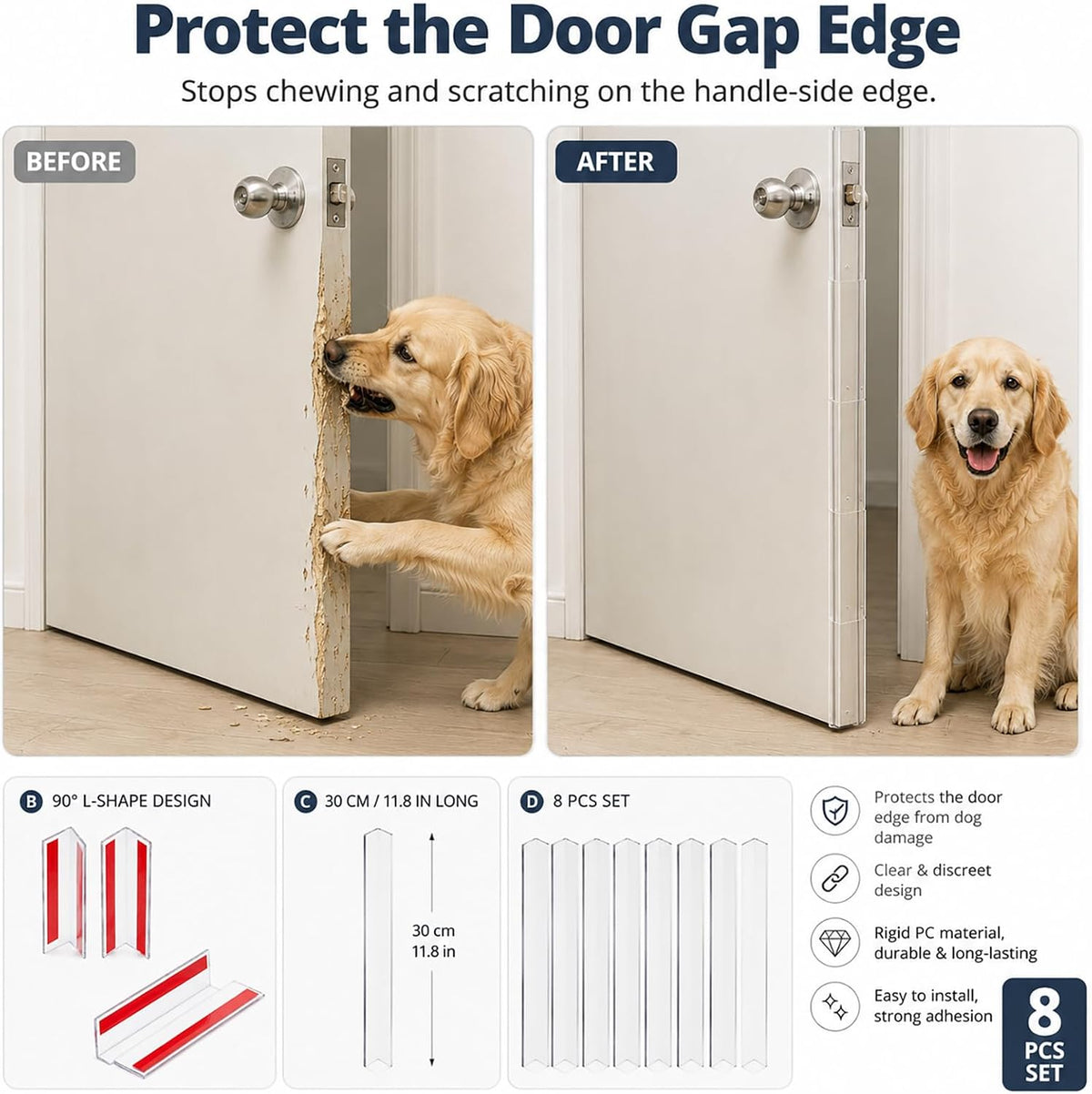 Door Frame Protector Dog Chewing: 8 Pack Clear PC L-Shaped Door Edge Guards, Self-Adhesive Door Gap & Jamb Protector for Dogs Scratching, Chewing, Clawing, 11.8 x 1.18 in Each Side (8, 11.8inch)