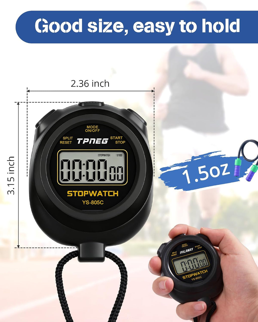 Simple Stopwatch Timer - Easy to Use, Set Up, Read, and Carry - Large Display - On/Off, AAA Battery - Ideal for Coaches, Track and Field, Soccer Referees, Sports, Classroom