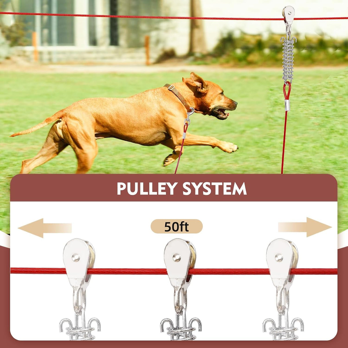 Dog Runner for Yard, Outdoor Dog Run, 50FT+10FT, Red