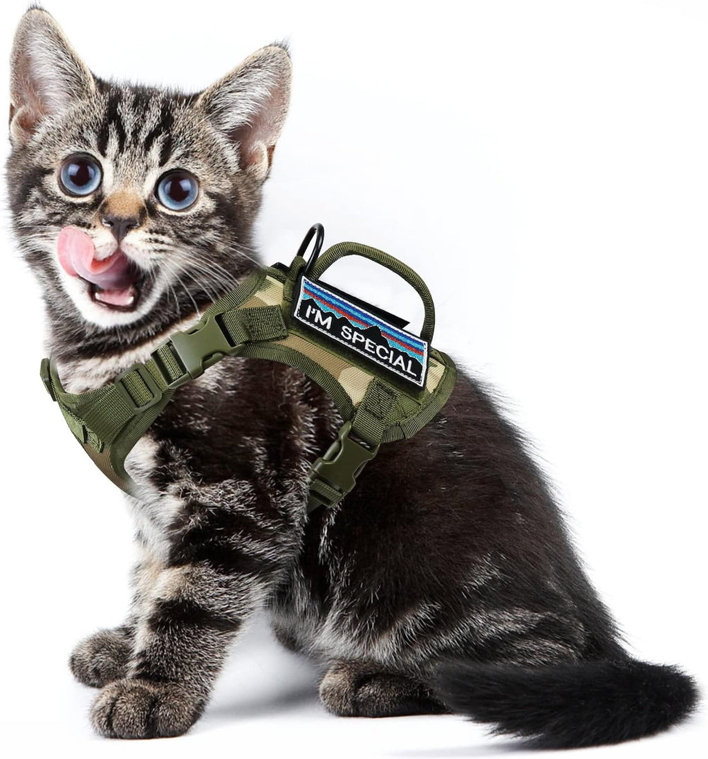 Tactical Cat Harness for Walking, Adjustable Escape Proof Pet Vest for Large Cat,Easy Control Breathable Cat Vest with Handle，Molle Patches (Khaki, L)