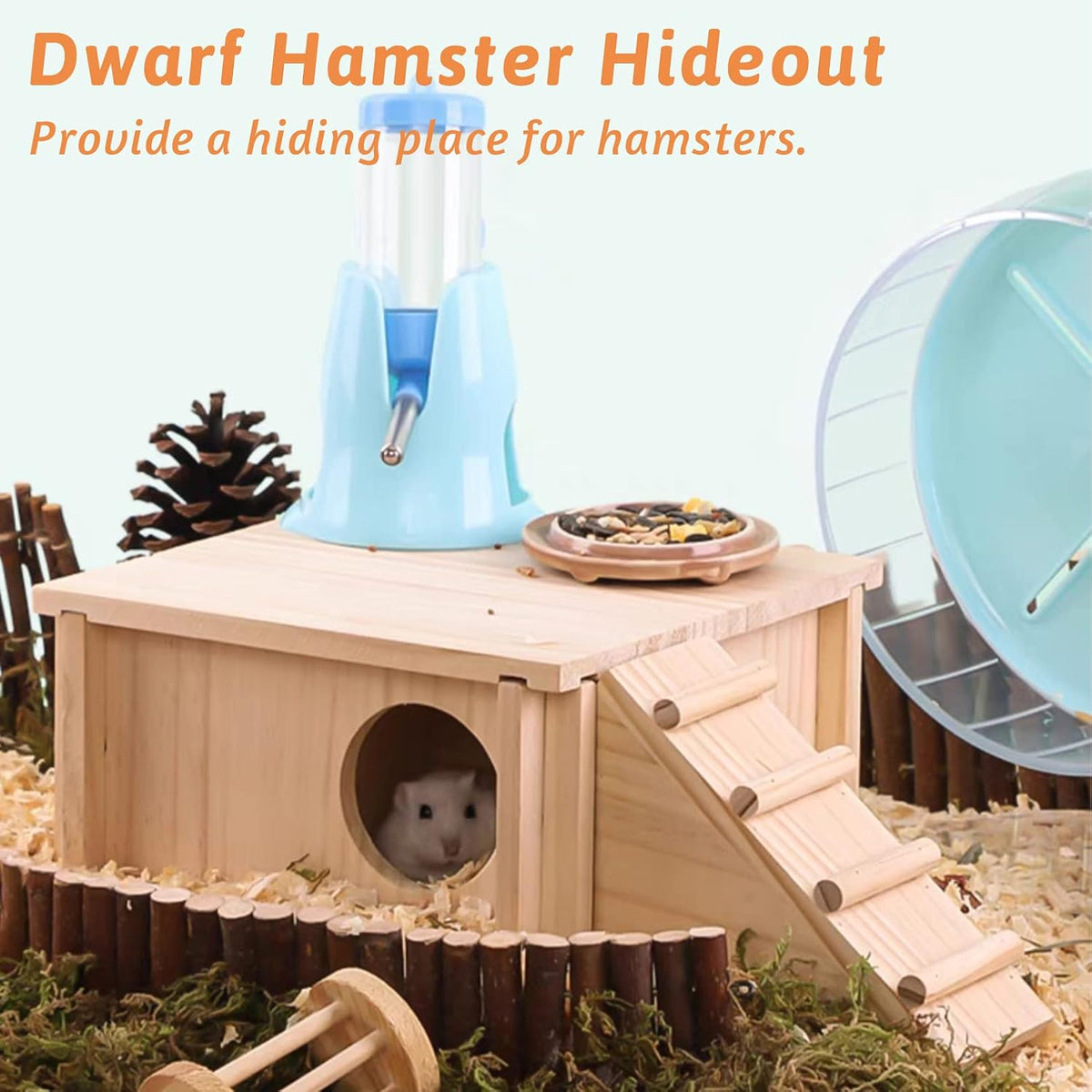 Fhiny Wooden Hamster Hideaout, Multi-Room Hamster House with Ladder