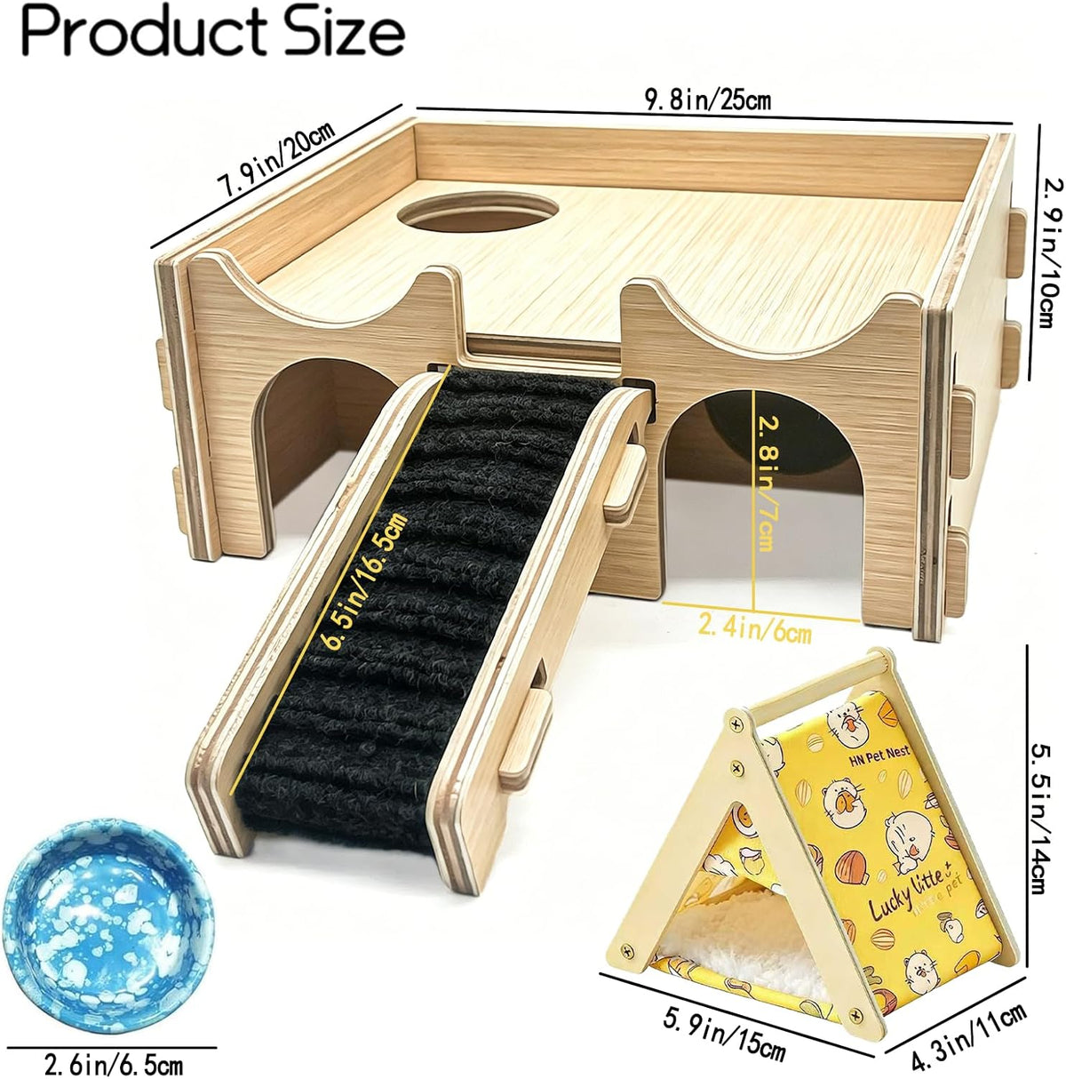 Wooden Hamster Hideout,Multi-Chamber Hide House with Bowl & Tent