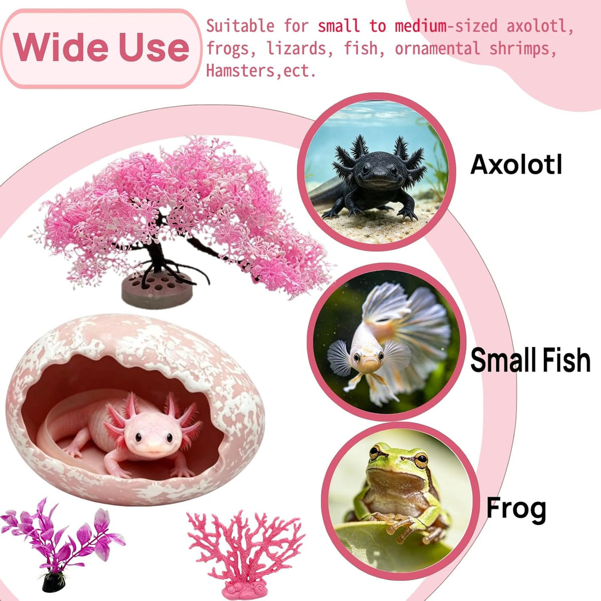 Axolotls Hide for Aquarium with Silk Plants for Tank Decor,Ceramic Aquarium Cave for Axolotls (Large, Pink)
