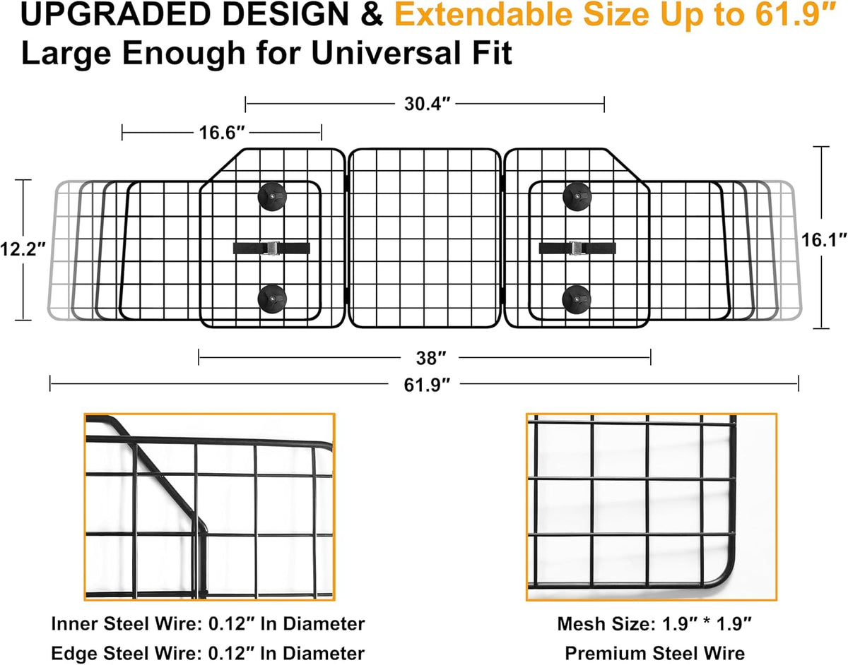 Dog Car Barrier for SUVs, Van, Vehicles, Adjustable Large Pet Barriers, Universal Fit Heavy-Duty Wire Mesh Dog Guard, Pet Divider Gate for Truck Cargo Area, Safety Car Divider, 61.9 Inches