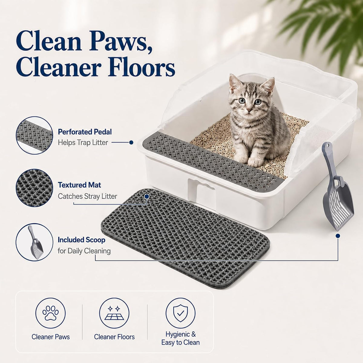2 Pack Small Cat Litter Box with Mat & Scoop, Open Top High Sides