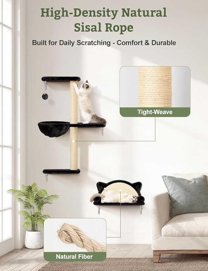 5-in-1 Cat Wall Shelves, Solid Wood & Velvet & Sisal Scratcher, 44lbs Max Load - Image 8