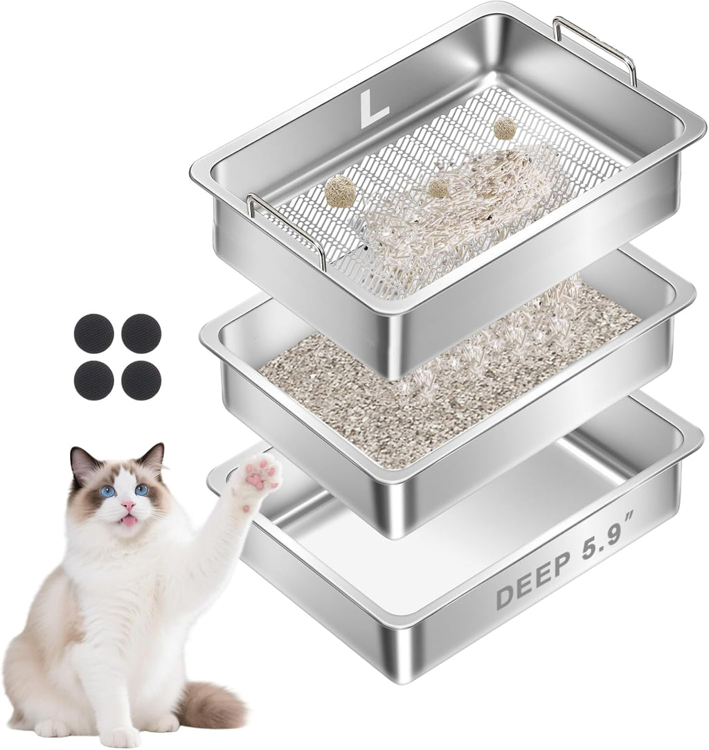 Stainless Steel Sifting Cat Litter Box for Clumping Clay Litter with High-Speed Sifting System, Large Metal Litter Box with 2 Replaceable Bottom Pans, Odor Control，Easy Clean(17.7” x 13.7” x 5.9”)