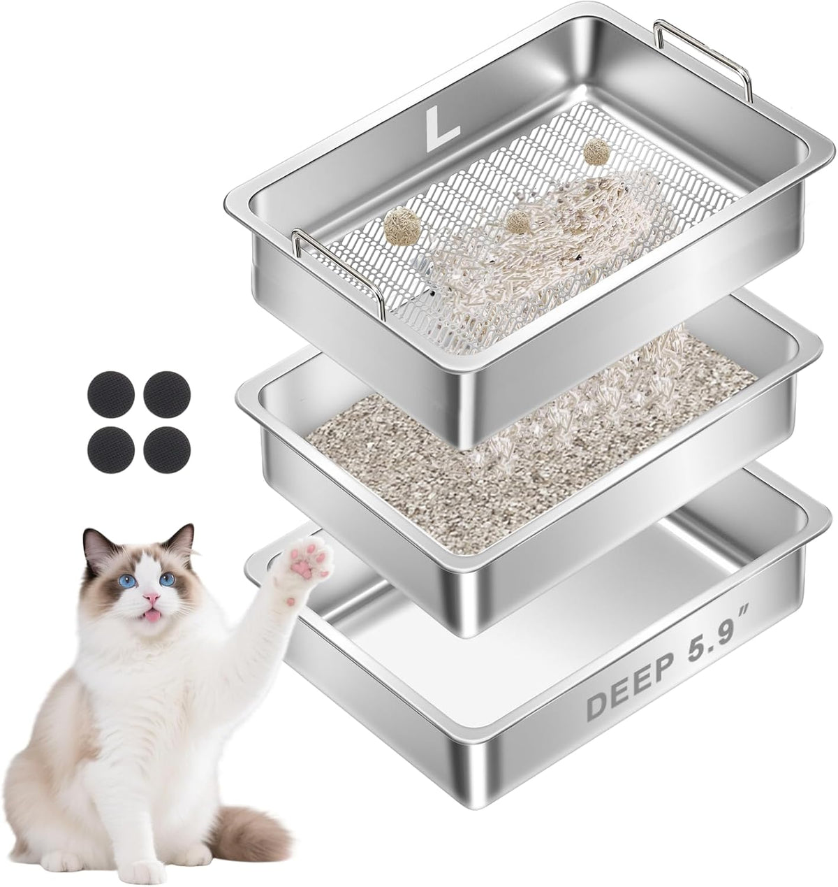Stainless Steel Sifting Cat Litter Box for Clumping Clay Litter with High-Speed Sifting System, Large Metal Litter Box with 2 Replaceable Bottom Pans, Odor Control，Easy Clean(17.7” x 13.7” x 5.9”)